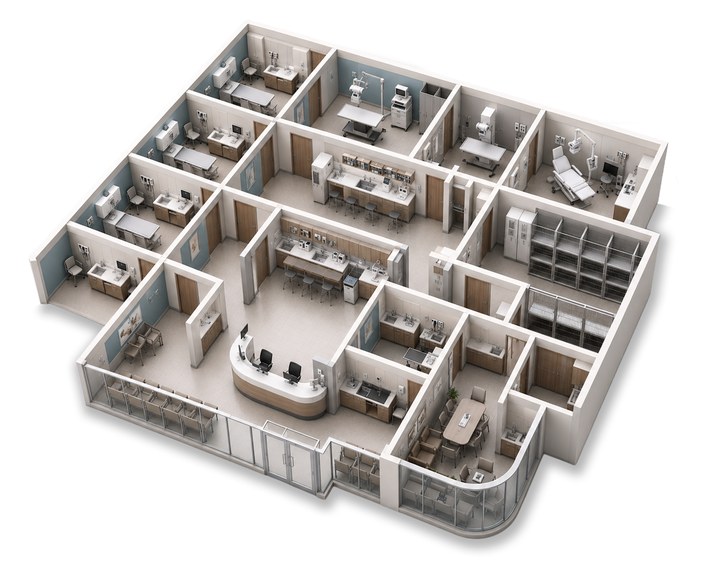 Large multi-room veterinary facility rendering
