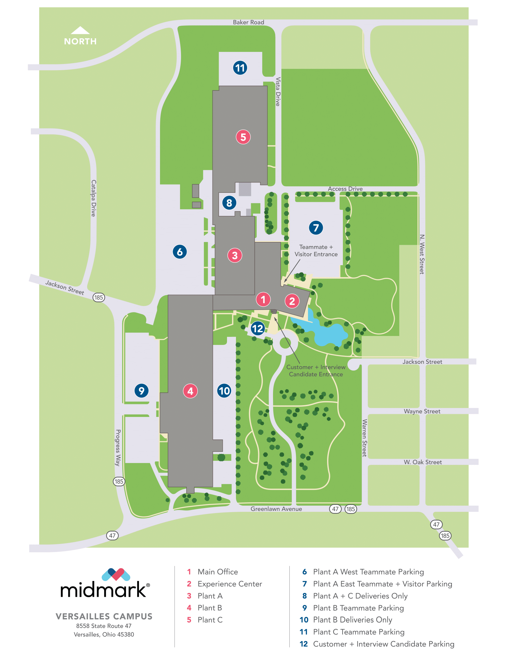 Overhead map of Midmark's Versailles, Ohio campus. Features a green and gray layout with 12 numbered, color-coded locations for facilities, parking, and deliveries.