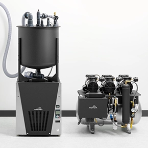 Midmark Dental Smart Mechanicals equipment, featuring a tall central vacuum unit and a connected air compressor system, displayed against a clean white background.