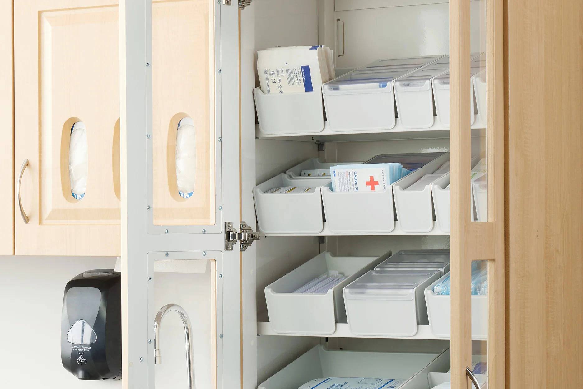 easily accessible inside of cabinets in a medical exam room