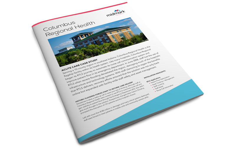 A Midmark document cover for a Columbus Regional Health case study, displaying a photo of the medical center facility and a summary text layout on a white page.