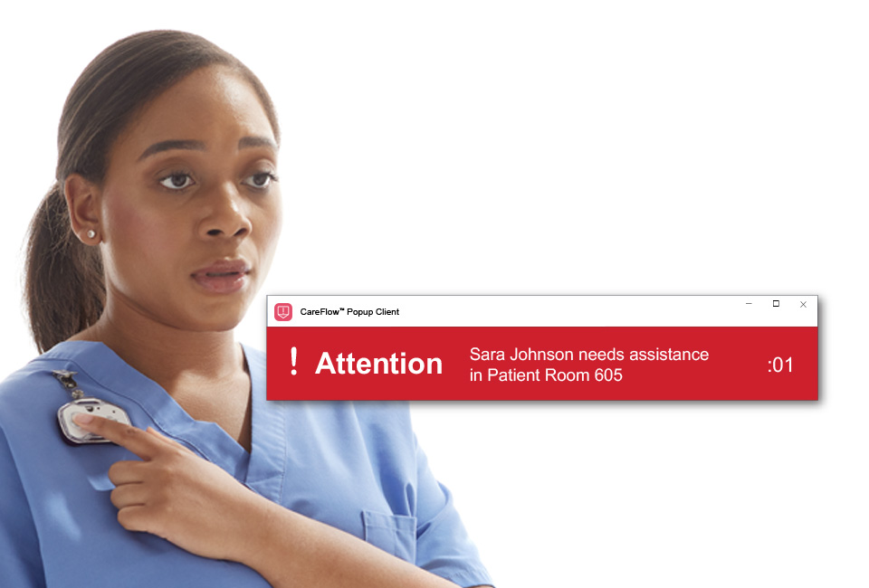 Illustration of CareFlow Popup, showing a nurse with Midmark RTLS badge, and example of a popup from a patient requesting assistance..