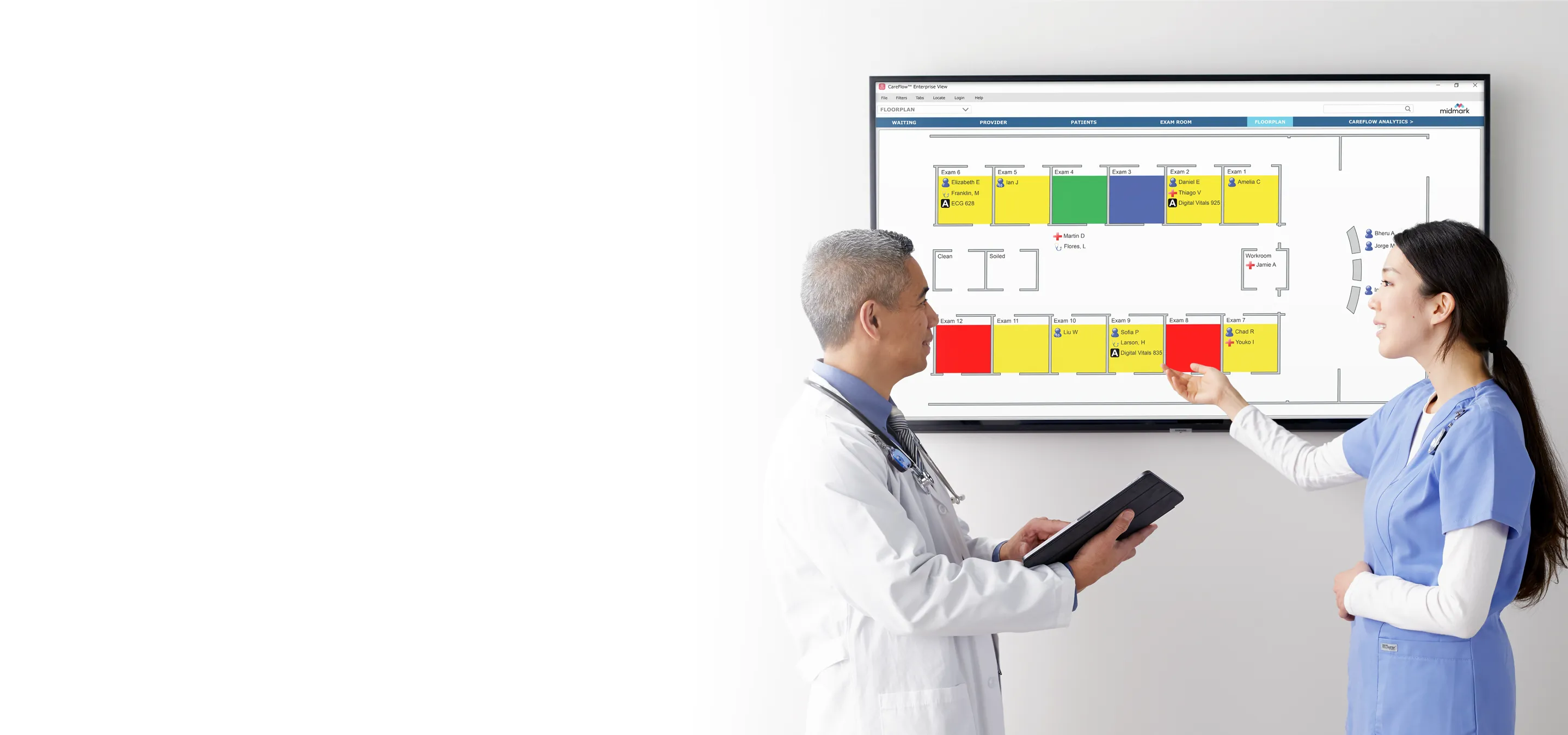 Doctor and nurse viewing Midmark CareFlow floorplan.