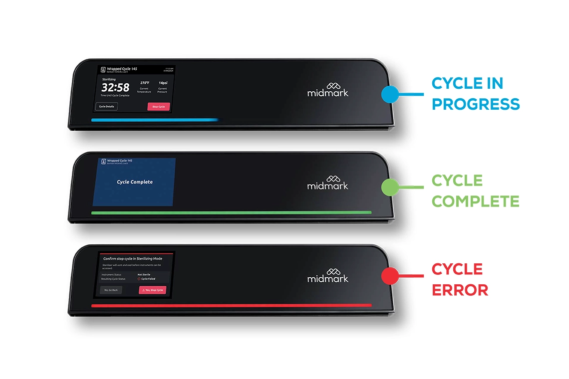 Midmark steam sterilizer status bar displaying cycle in progress, cycle complete and cycle error indicators