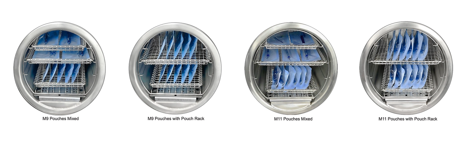 Midmark sterilizer load configuration guide showing proper pouch placement