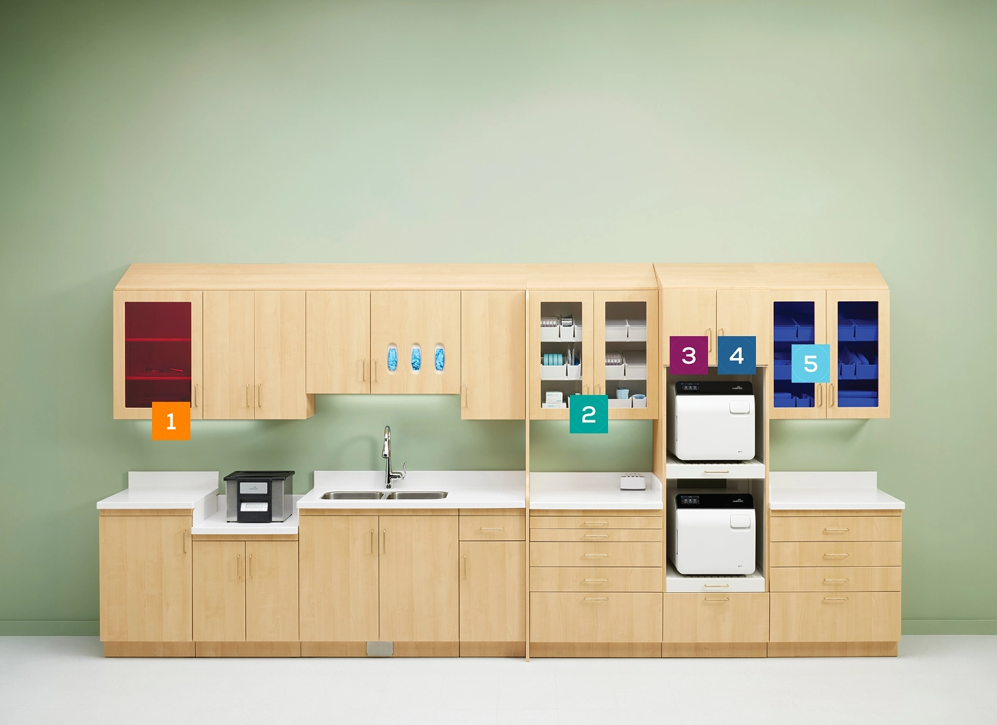 Dental instrument processing cabinetry showing a five-step workflow from receiving and cleaning through storage.