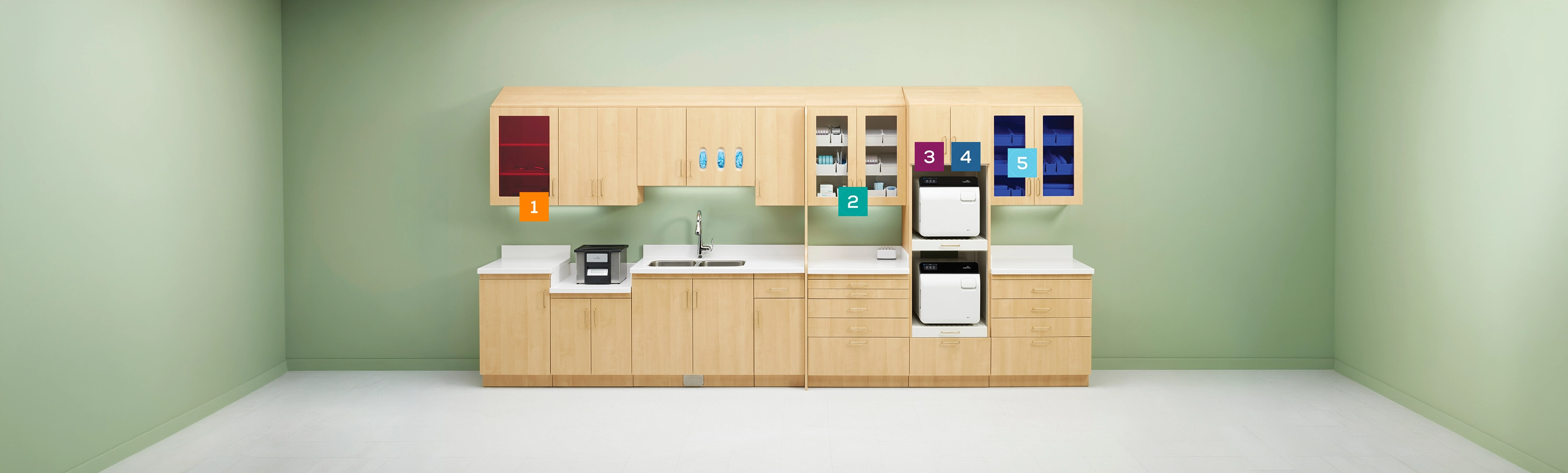 Dental instrument processing cabinetry showing a five-step workflow from receiving and cleaning through storage.