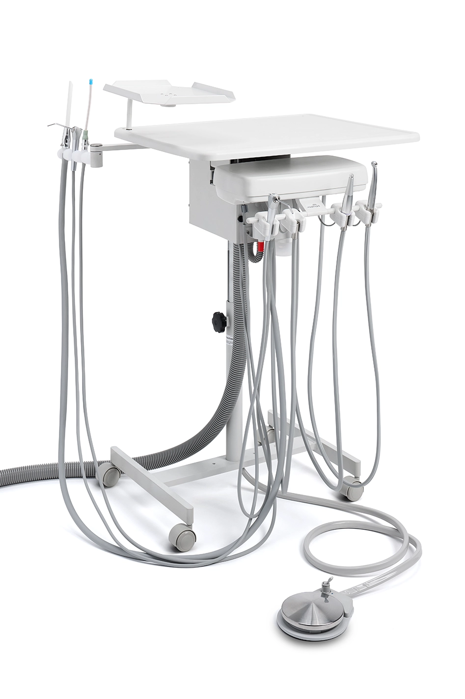 Dental delivery cart with integrated work surface, multiple handpiece hoses, foot pedal, and rolling base, shown on a white background.