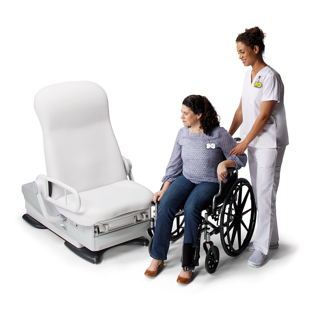 Patient in wheelchair approaching the Midmark 626 to transfer