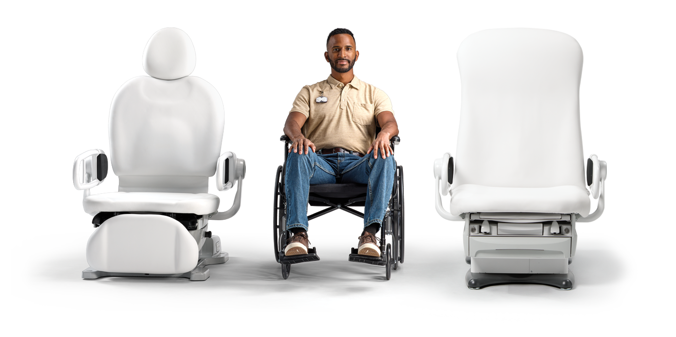 patient in wheel chair sitting between 17-inch seat height compliant Midmark 626 Exam Chair and Midmark 631 Procedure Chair