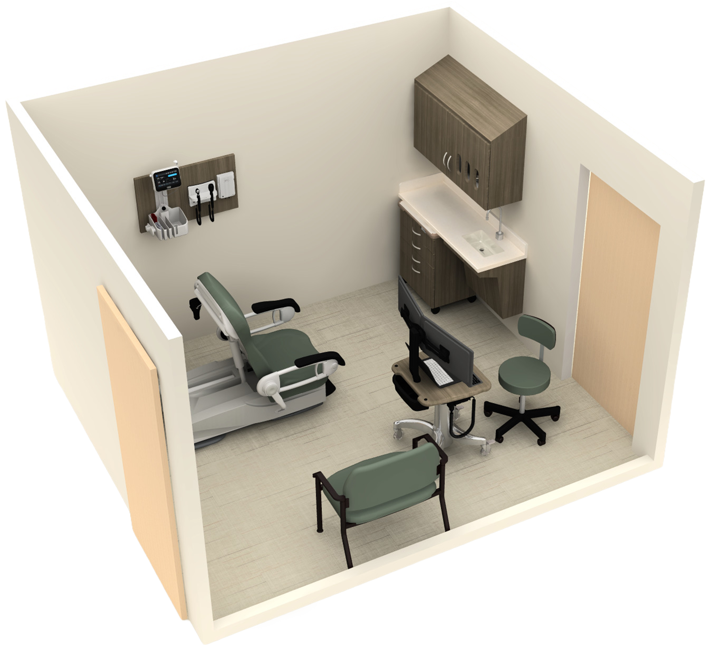 Dual access room layout with Midmark products
