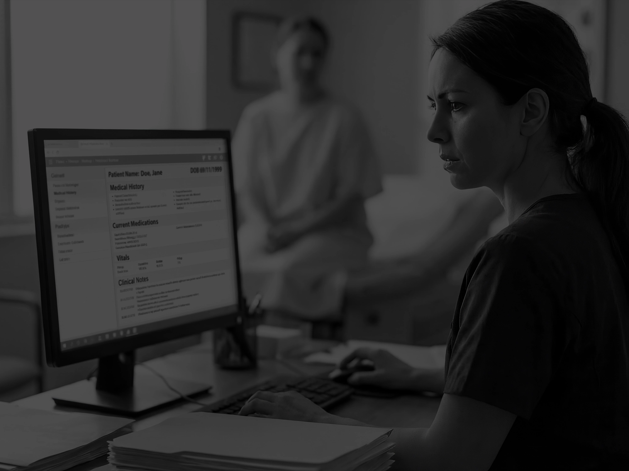 MA taking notes, disconnected from the patient