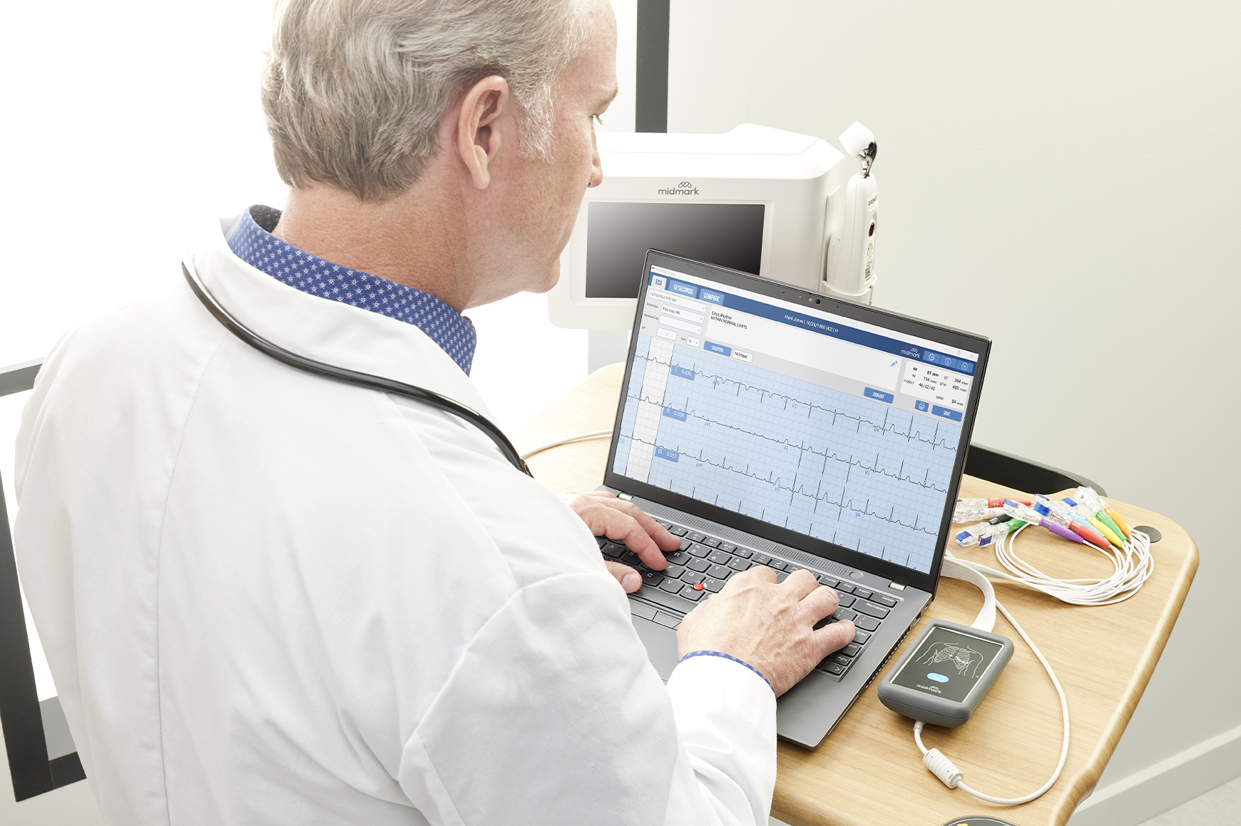 Doctor reading ECG results on laptop