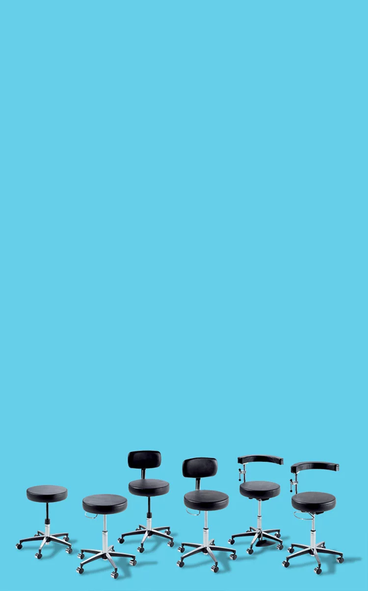 various midmark rolling stools on light blue background
