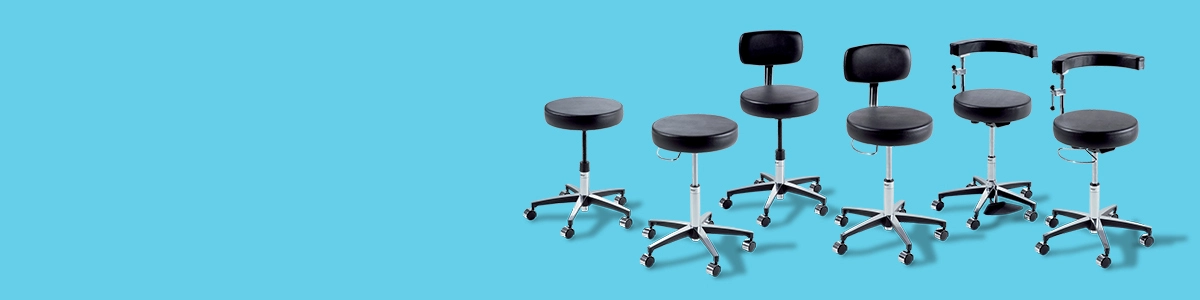 various midmark rolling stools on light blue background