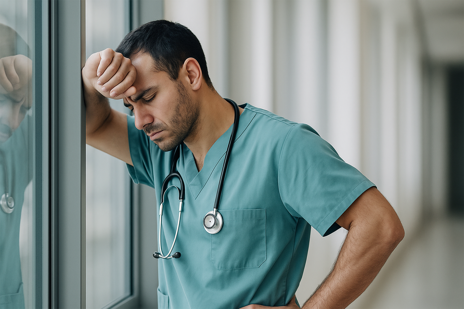 Burnt out nurse leaning up against window sill
